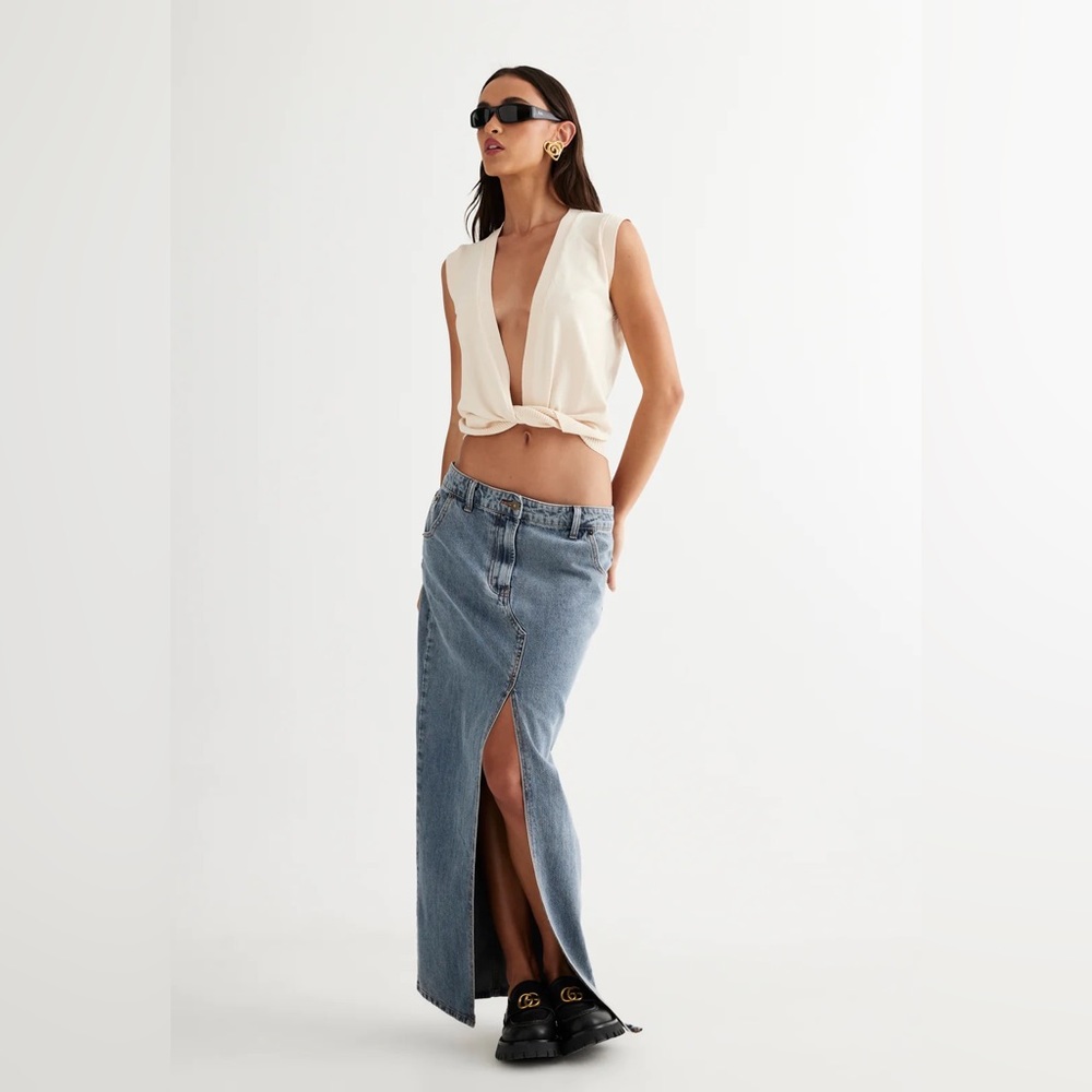 Lioness Barbie Midi Skirt in Faded Light Blue Denim